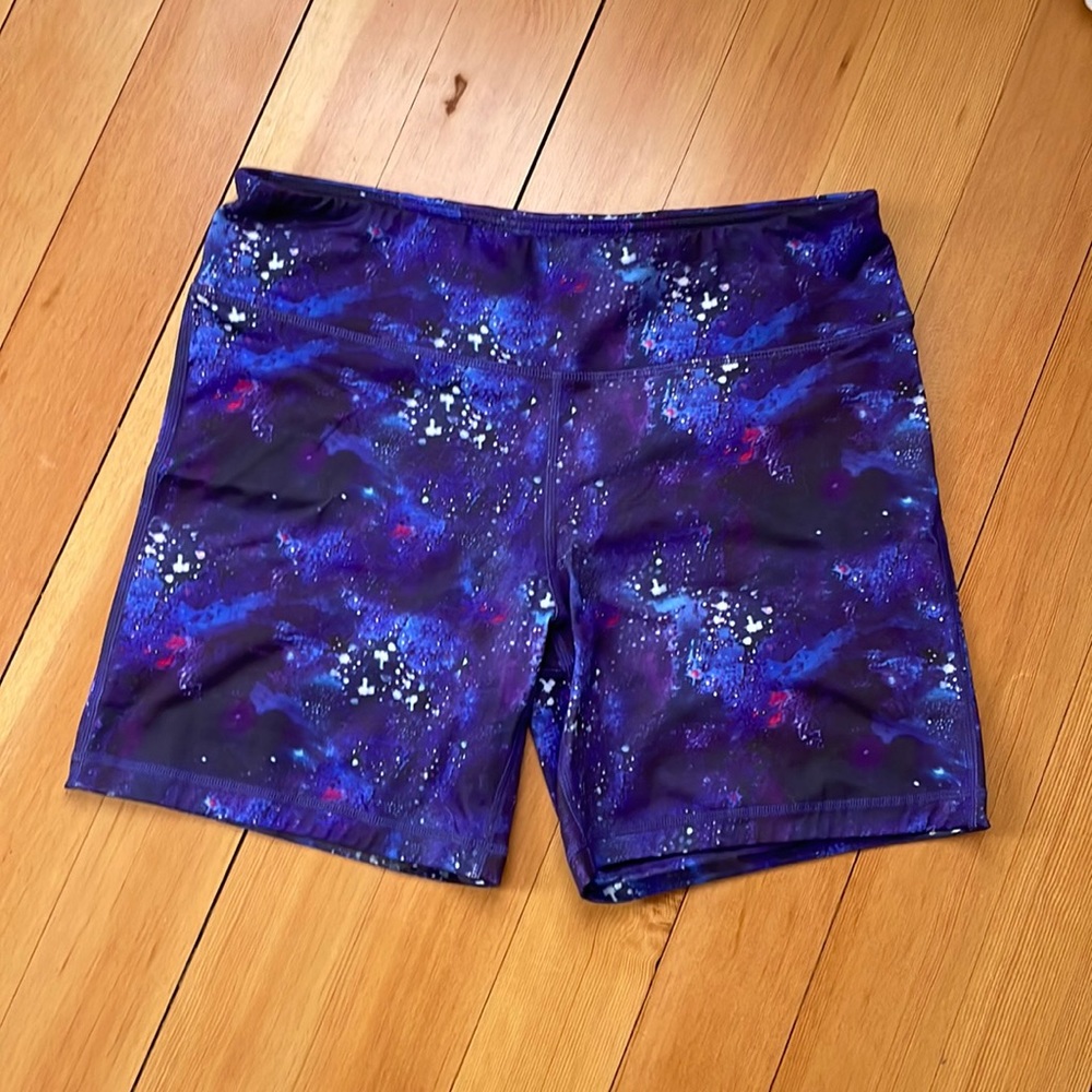 IAB Workout Shorts, 5”, No Ride silicone leg bands, size 12 XL,Pink Galaxy print